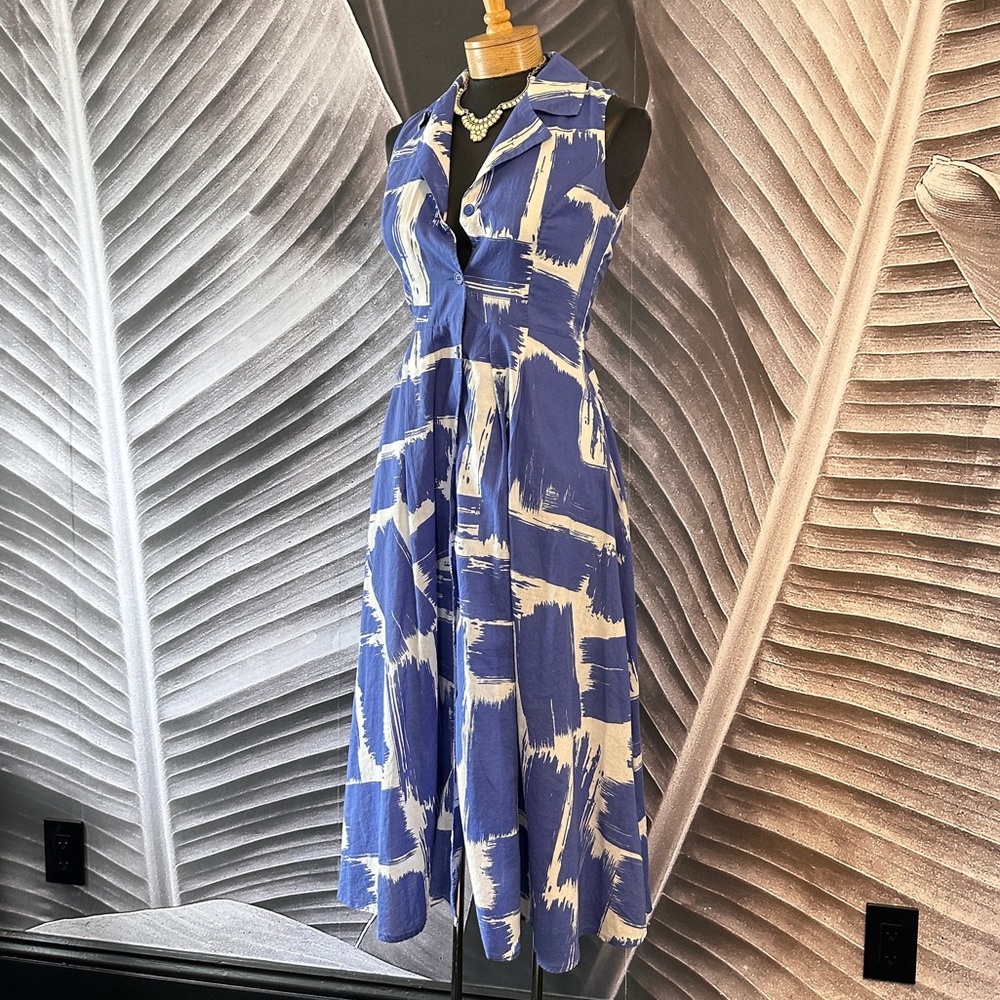 Donna Karan S Dress Blue White Summer Sleeveless Button Front 100% Cotton Shower